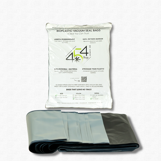 454 Bags' bioplastic vacuum bags displayed with vacs, highlighting their sustainable, antimicrobial properties and UV protection for premium cannabis storage.