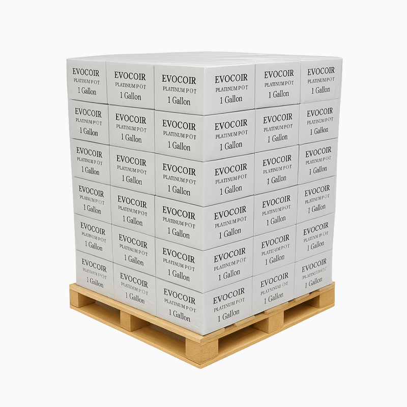 Front view of a pallet of boxed Evocoir coco growing medium