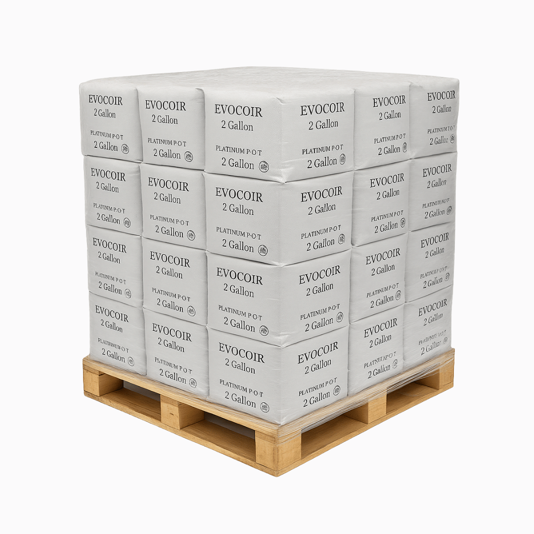Stack of Evocoir 2-gallon containers on a wooden pallet with a white background