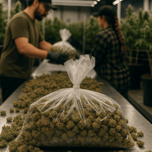 Two people working with cannabis buds in a greenhouse setting.
