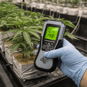 Cannabis moisture meter used in grow room to test plant moisture levels during cultivation