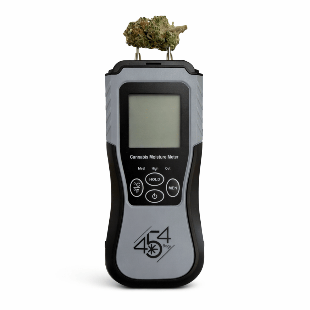 Cannabis moisture meter with prongs inserted into bud to measure moisture content during curing