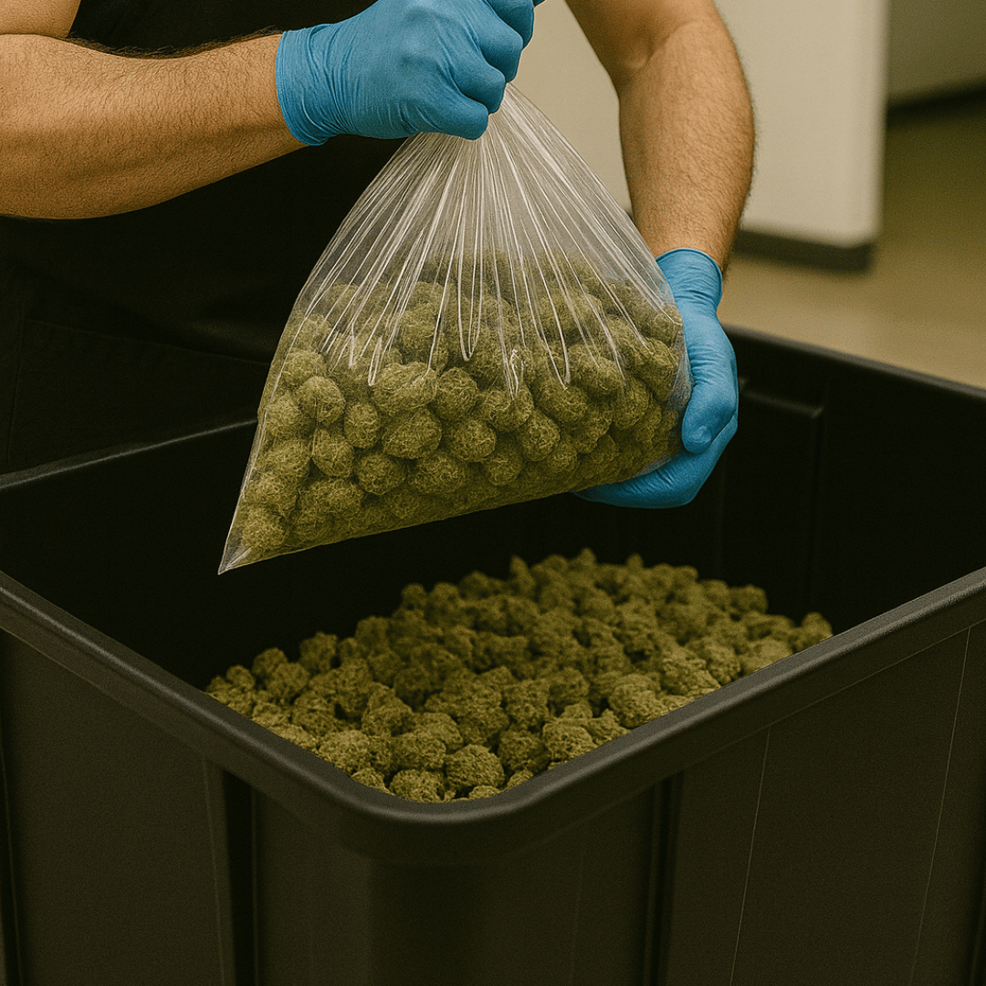 Person in blue gloves handling a bag of green pellets over a black container.