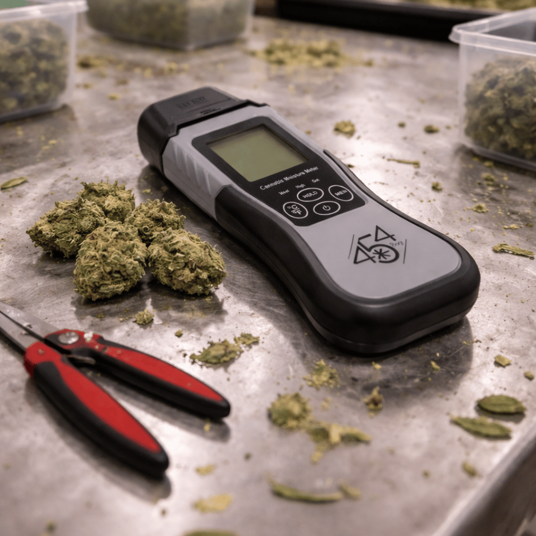Handheld cannabis moisture meter testing stem moisture in drying room during post-harvest process