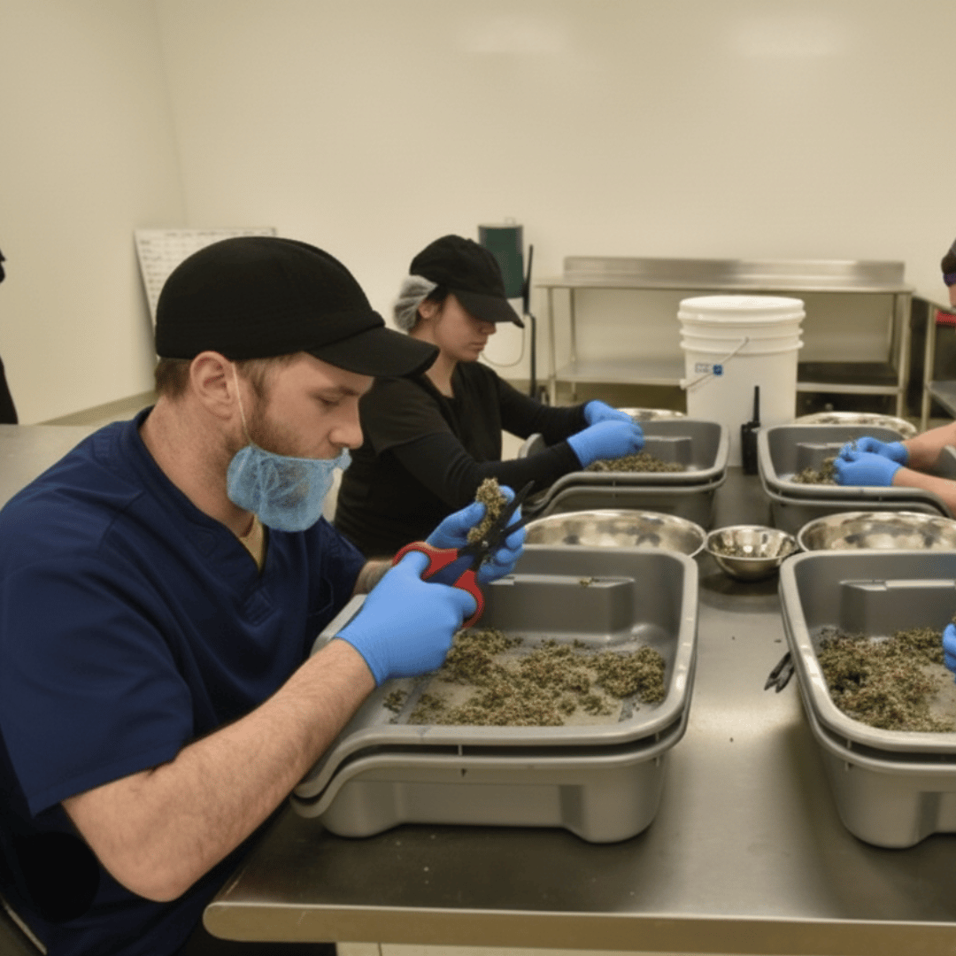 Two individuals working with containers of cannabis in a controlled environment.