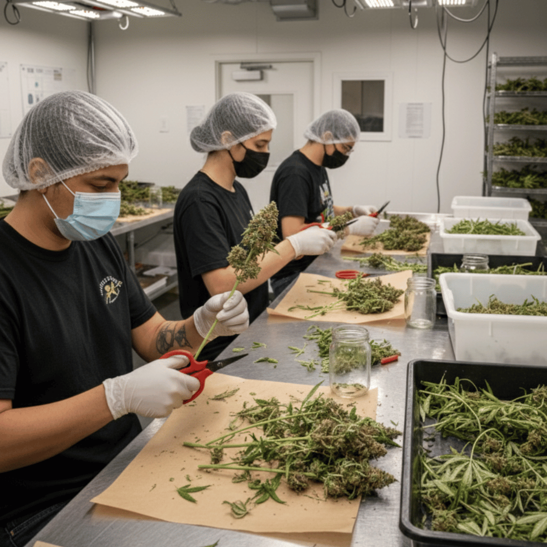 People processing cannabis plants in a controlled environment.