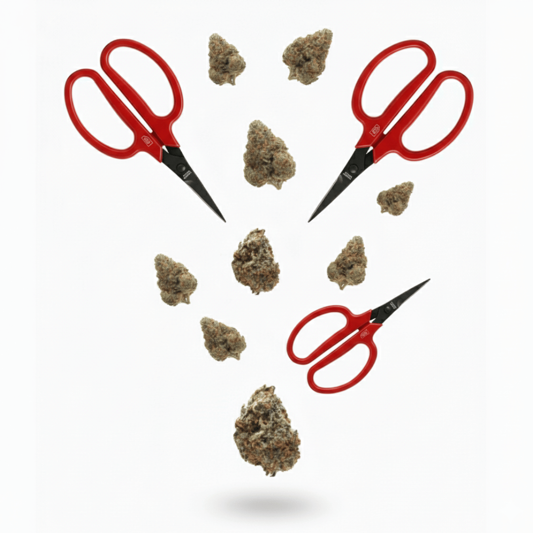 Red scissors and clumps of marijuana on a white background