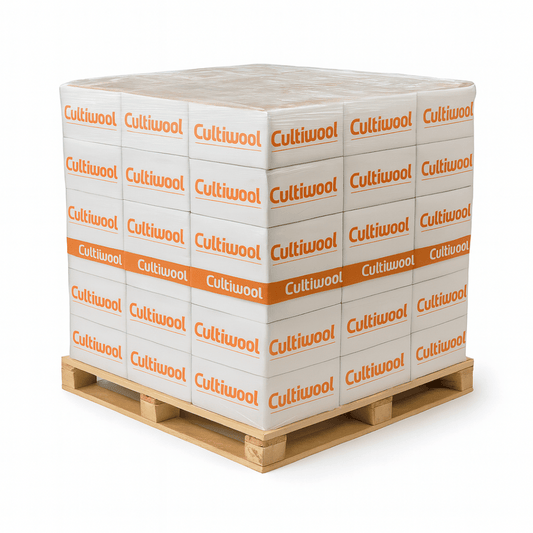 Pallet of Cultiwool AO-Rooting rockwool plugs — 375 sheets / 31,500 plugs, shrink-wrapped on a wooden pallet (white background).