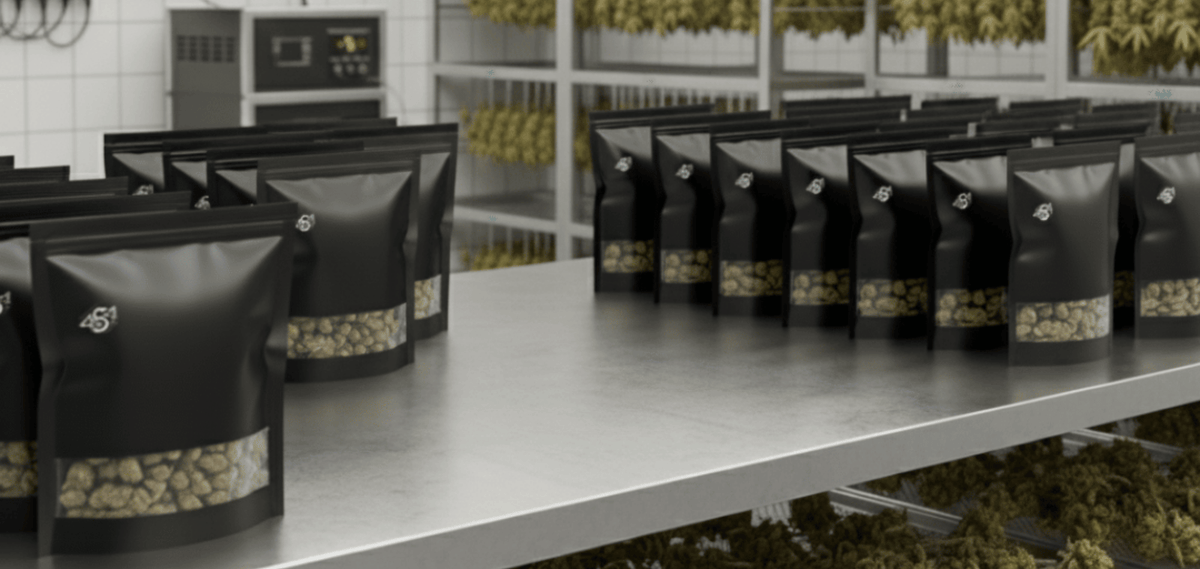 Black cannabis pouches on a processing room table