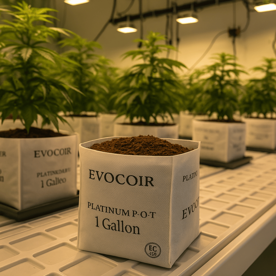 Evocoir Platinum P.O.T containers with plants in a greenhouse setting
