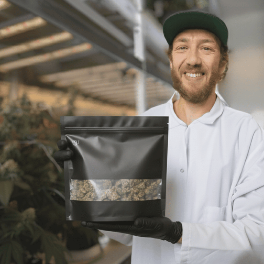 Man holding a black bag with cannabis product in a warehouse setting