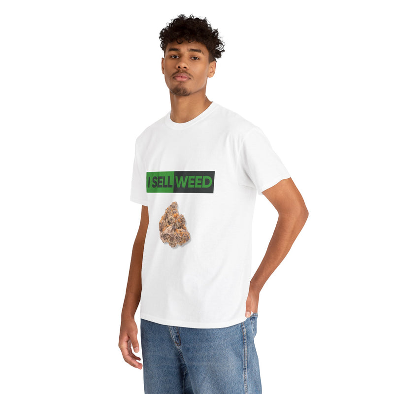 Man wearing white I Sell Weed graphic T-shirt