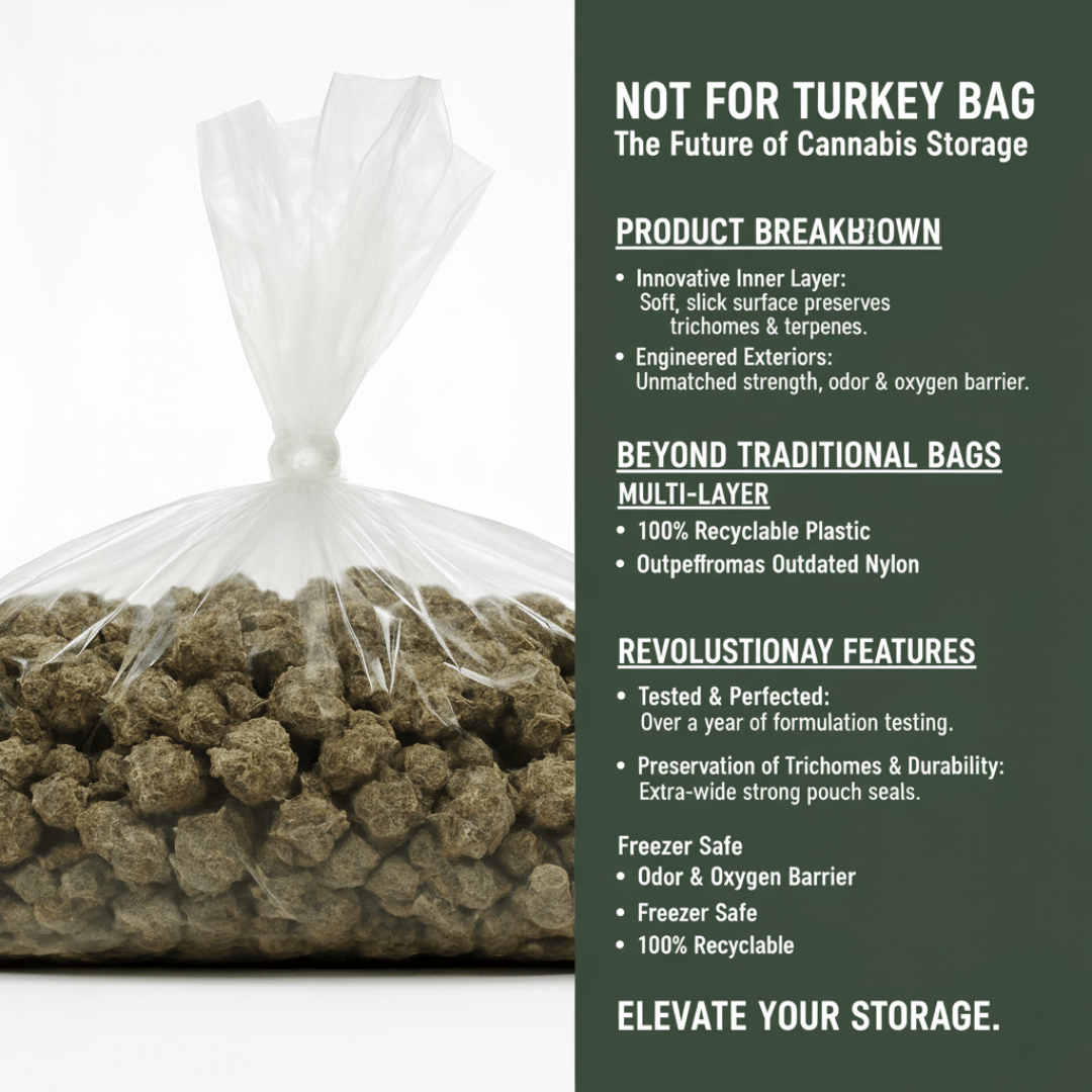 Cannabis storage bag with product features on a green background