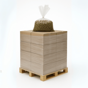 Stack of wooden pallets with a bag of cannabis on top against a white background
