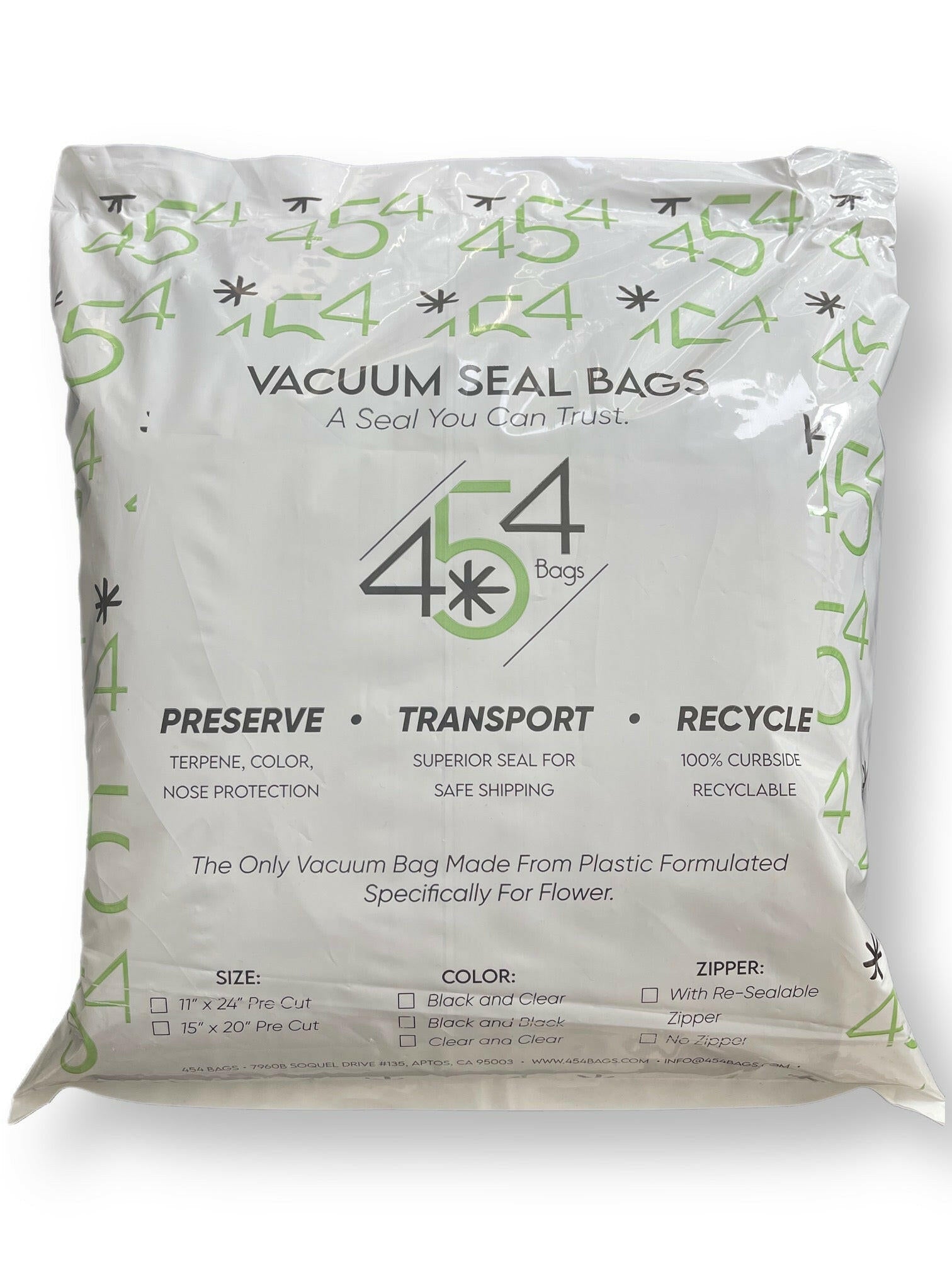 454 Bags' dual-tone vacuum seal bag with black and clear sides for discreet storage.