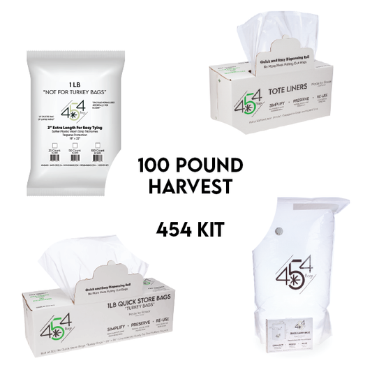 Complete set of the 454 Bags' 100 Pound Post Harvest Kit, showcasing 25 tote liners, 100 'Not For Turkey' bags, and 4 space saver bags, designed meticulously for optimal cannabis post-harvest processing.