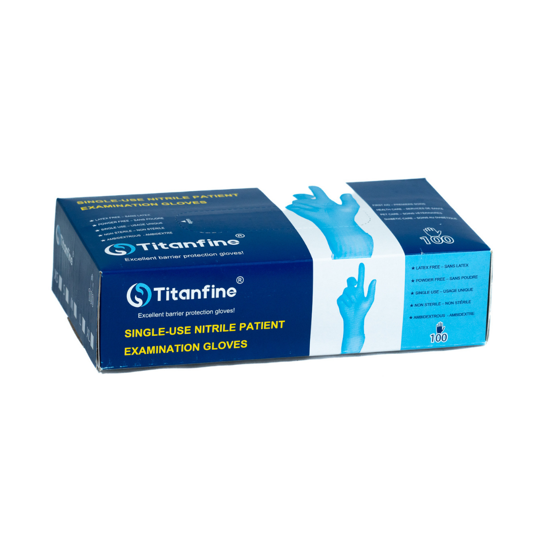 Product box for 'Titanfine' nitrile exam gloves