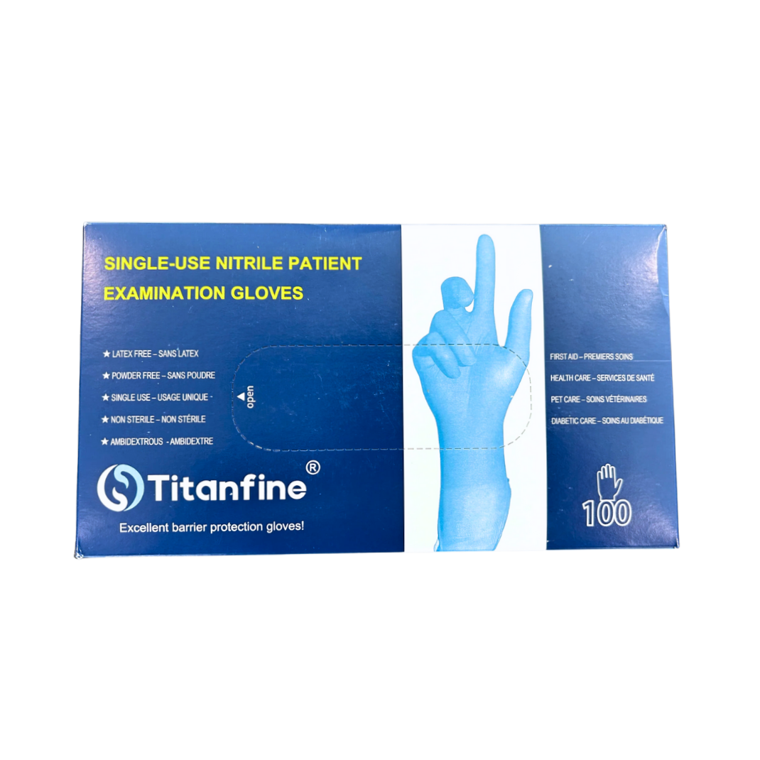 Top shot of the 'Titanfine' nitrile exam glove product box
