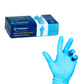 Hand wearing 'Titanfine' nitrile exam glove holding product box