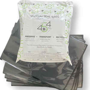 Pack of 454 Vacuum Bags, formulated specially for cannabis storage, showcasing their unique plastic blend designed for extended terpene life and enhanced protection.