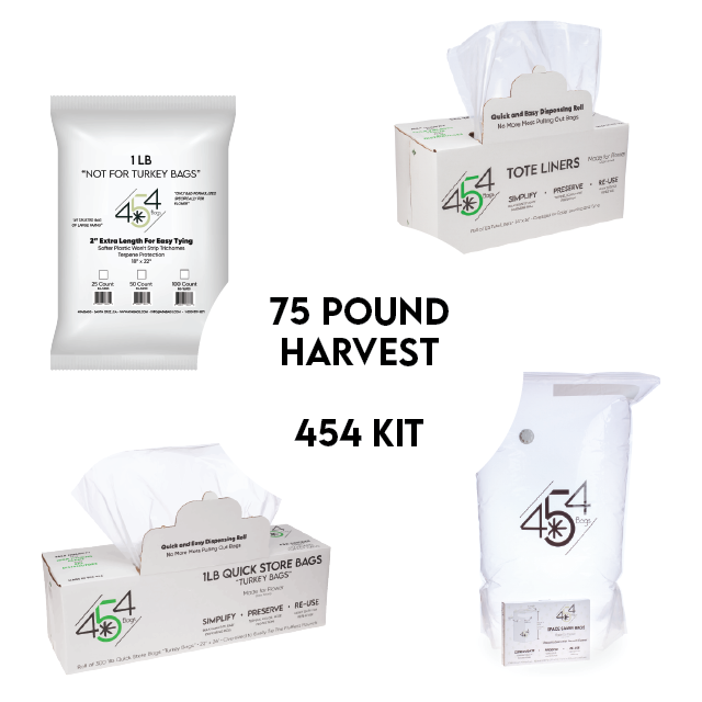 Comprehensive 75 Pound Harvest Kit, displaying 19 tote liners tailored for 38-gallon totes, 75 'Not For Turkey' Bags, and 3 Space Saver Bags. A curated selection of items designed for the 454 Post Harvest Process, offering an efficient and cost-effective solution at $2.35 per pound.