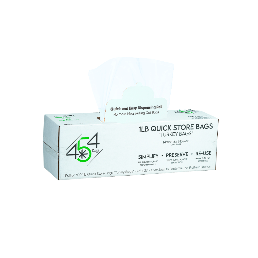454 Bags Quick Store Bags box labeled 1 lb with a clear bag pulled through the dispenser