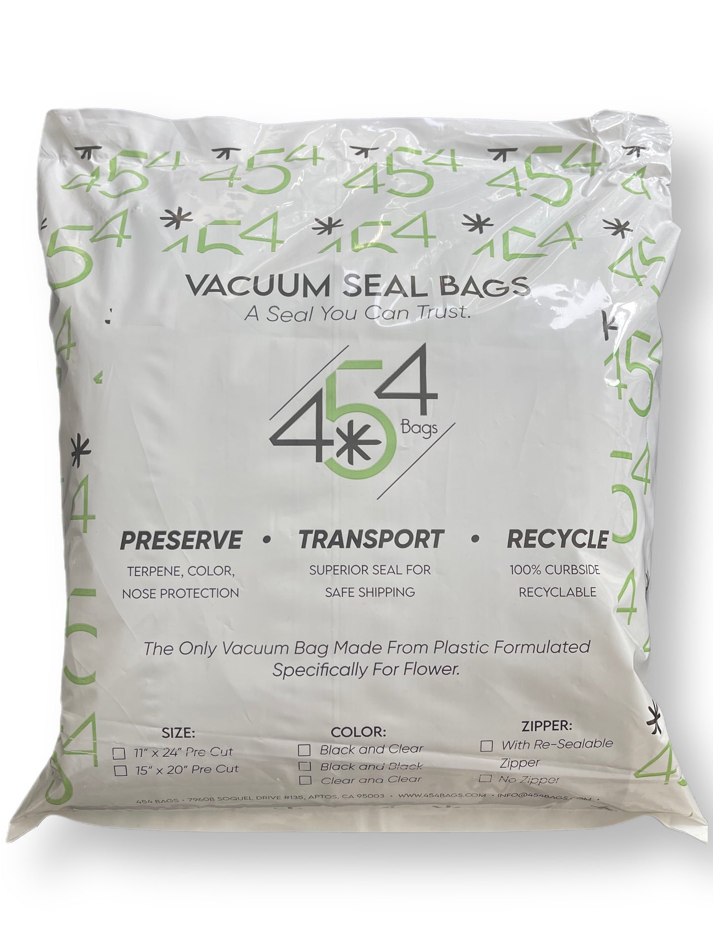 Packaging for the 454 Vacuum Bags, emphasizing the unique, proprietary plastic blend designed specifically for cannabis. Highlights its attributes like stronger seal, high oxygen barrier, and extended terpene life.