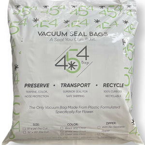 Packaging for the 454 Vacuum Bags, emphasizing the unique, proprietary plastic blend designed specifically for cannabis. Highlights its attributes like stronger seal, high oxygen barrier, and extended terpene life.