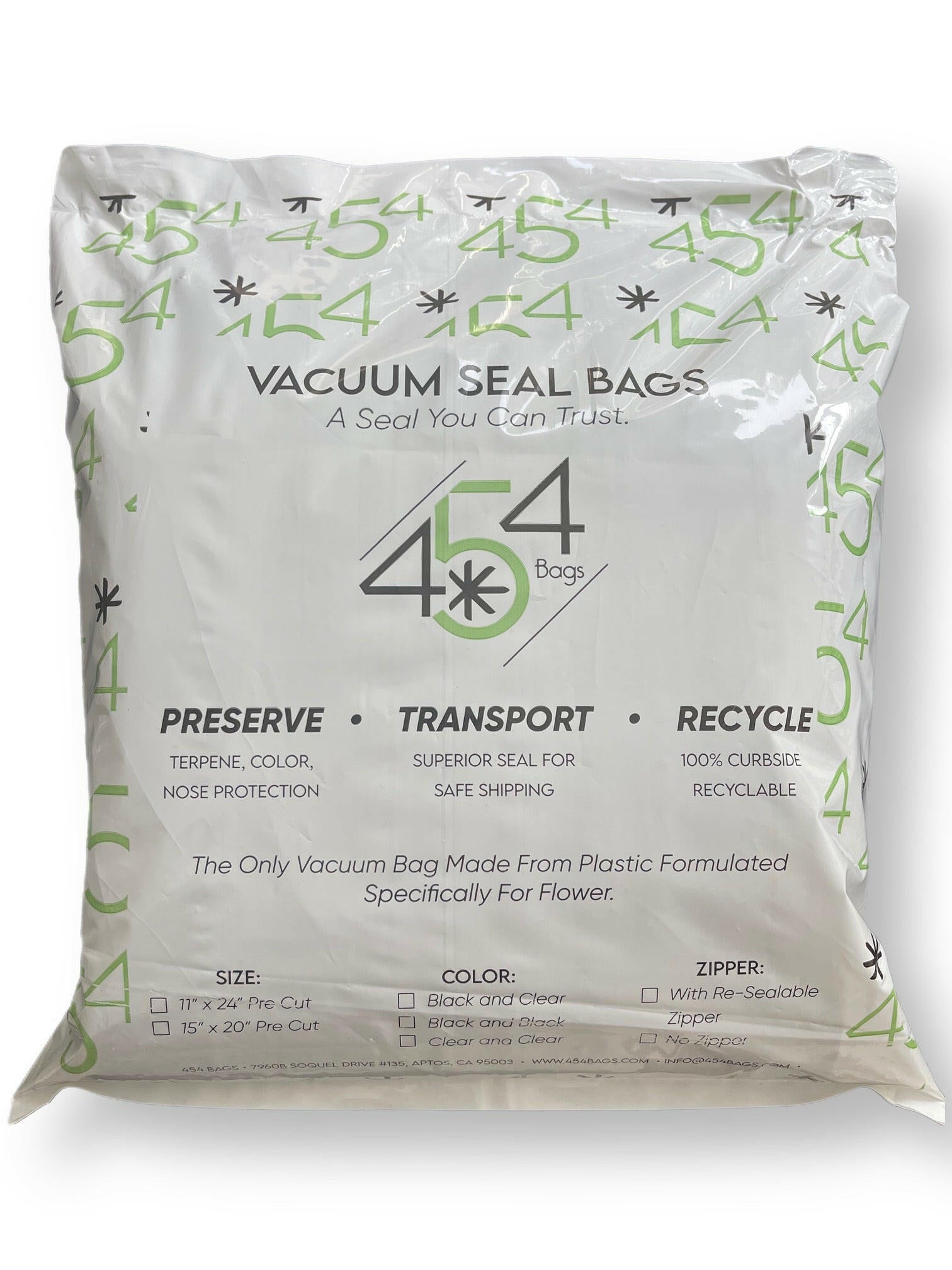 Packaging for the 454 Vacuum Bags, emphasizing their proprietary cannabis-specific plastic blend. Features highlighted include the enhanced seal strength, high oxygen barrier, and puncture resistance.