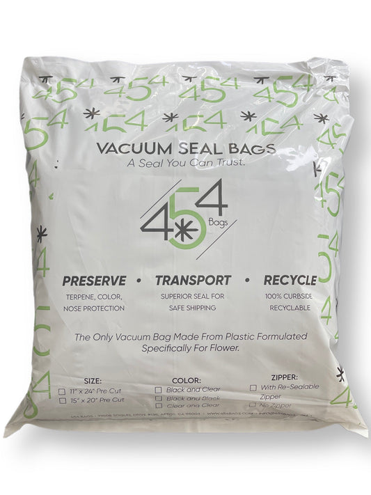 Packaging for the 454 Vacuum Bags, emphasizing their proprietary cannabis-specific plastic blend. Features highlighted include the enhanced seal strength, high oxygen barrier, and puncture resistance.