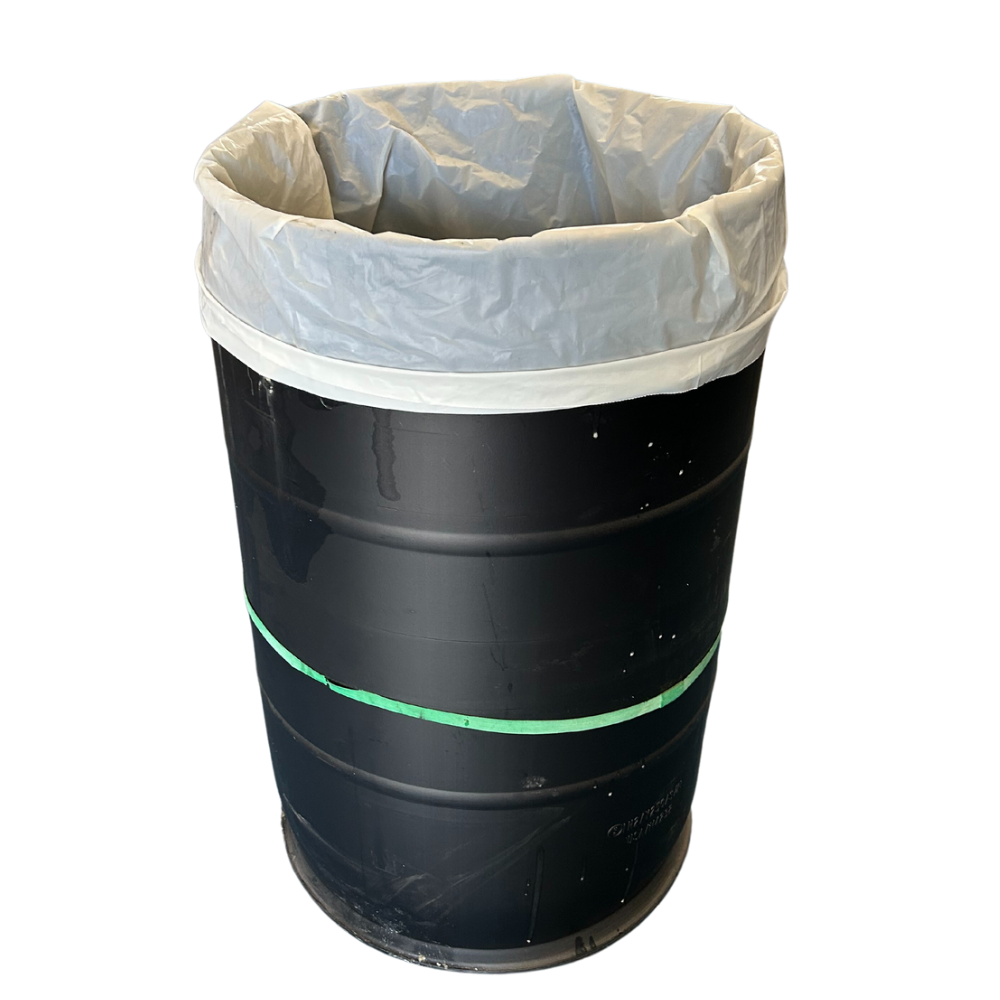 Uline barrel showcasing 454 Bags' biodegradable 55-gallon drum liners from a different angle, emphasizing quality and eco-friendliness for cannabis curing.