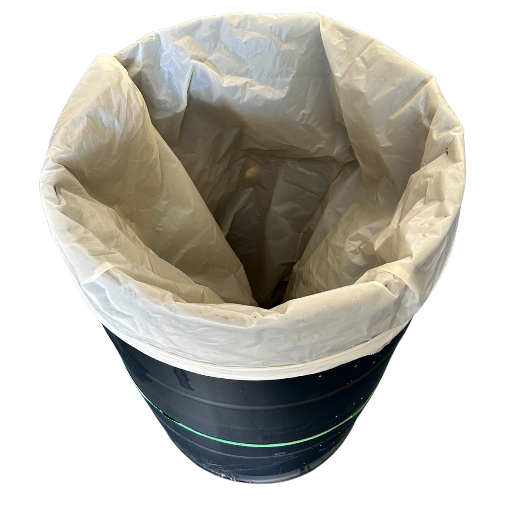 Uline barrel containing 454 Bags' biodegradable 55-gallon drum liners, designed specifically for quality cannabis curing.