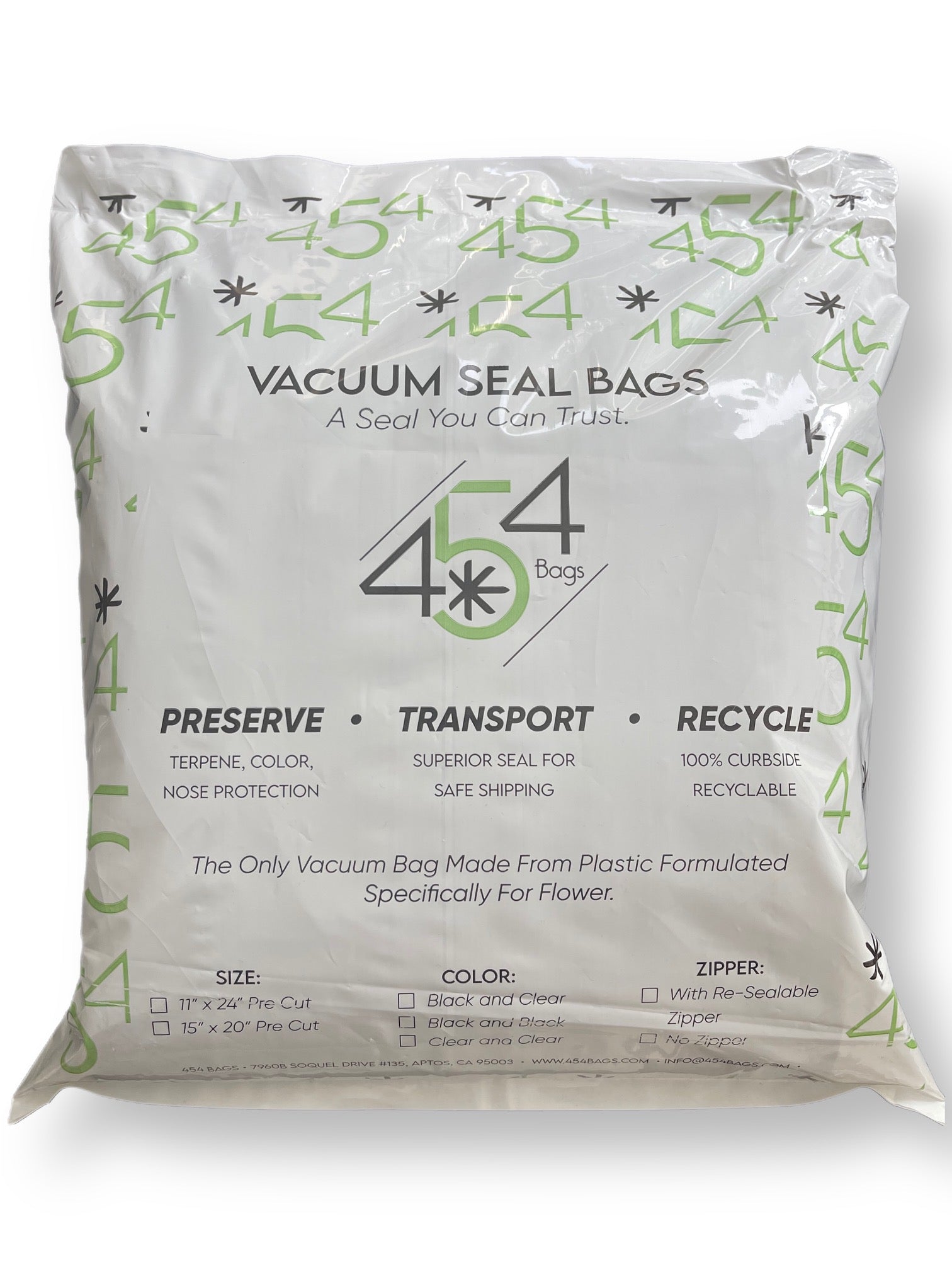 Packaging of the 454 Vacuum Bags, emphasizing its proprietary plastic blend tailored for cannabis. Highlights its unique features like enhanced seal strength, oxygen barrier, and puncture resistance.